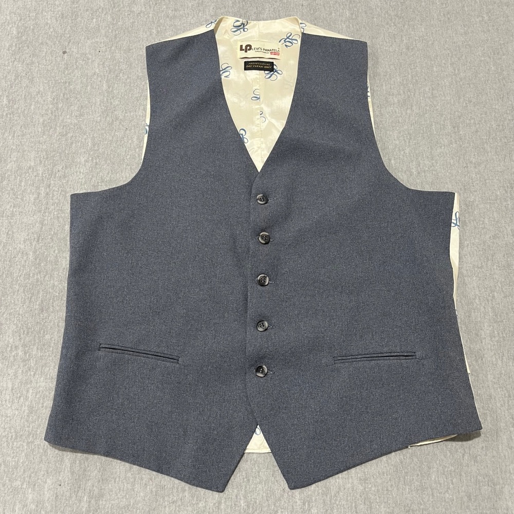Vintage Levis Panatela Mens Vest Blue Gray Logo Back Cinch Waist Retro Large